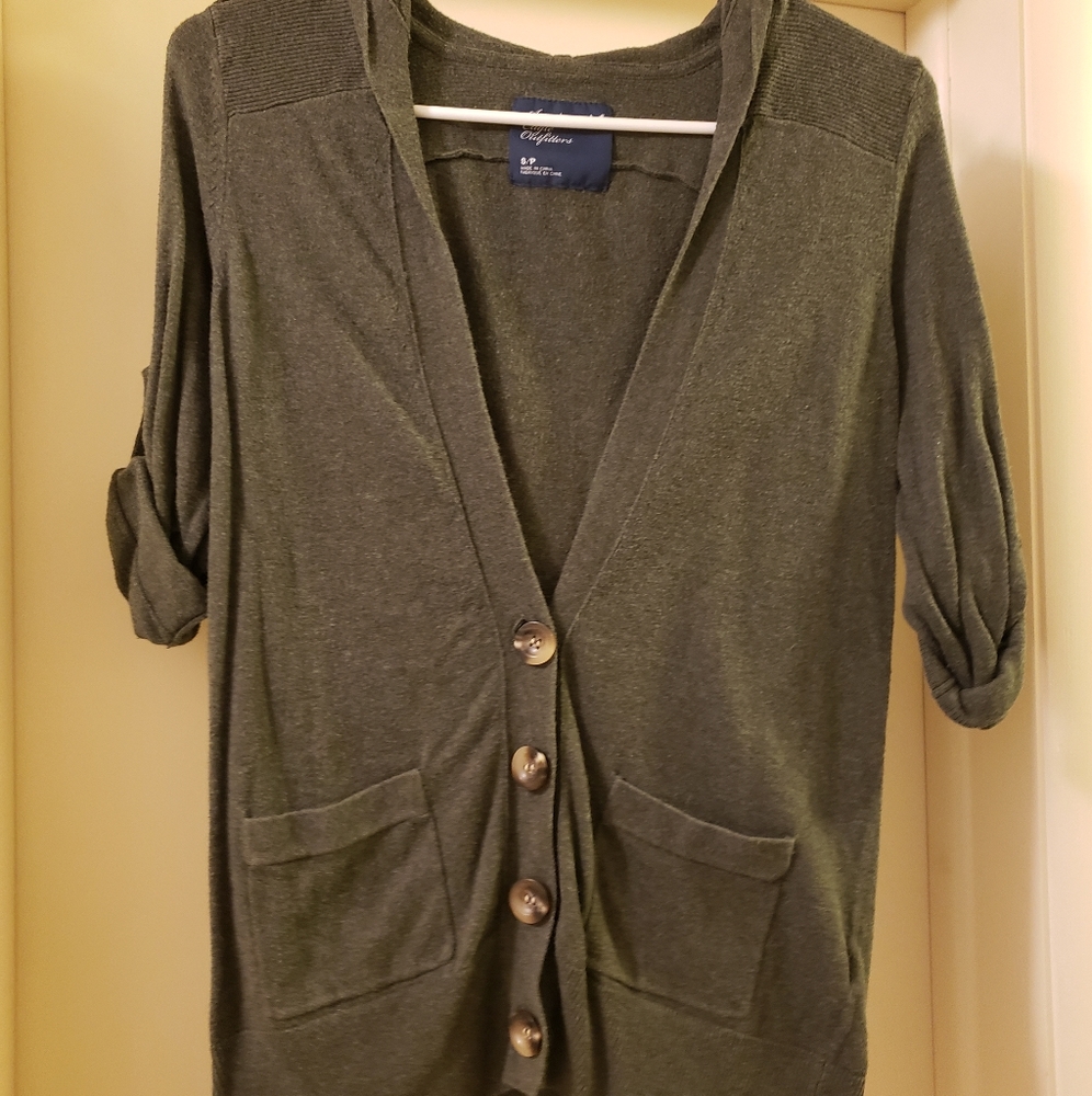 Olive green three quart sleeve hooded sweater cardigan